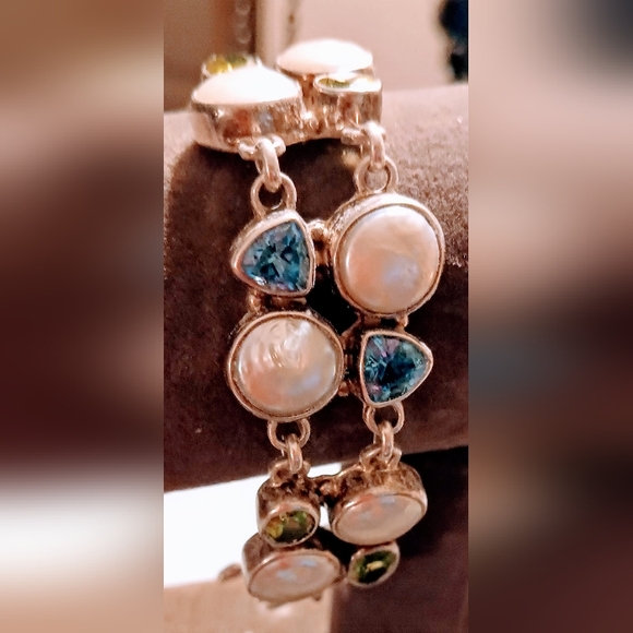 Vintage Sterling silver Three Stone Toggle design pattern Gemstone Bracelet. - Picture 4 of 15